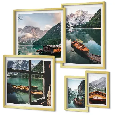 Framed landscape photo set featuring lakes, mountains, and boats