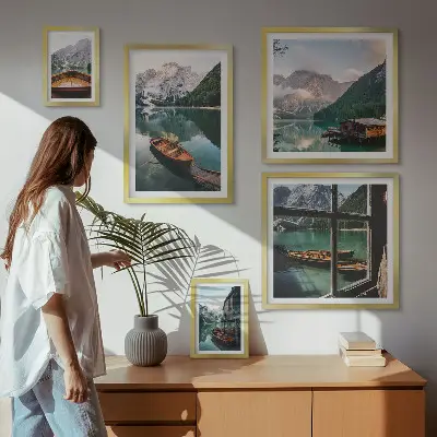 Framed landscape photo set featuring lakes, mountains, and boats