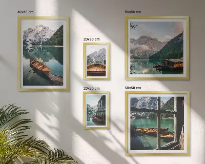 Framed landscape photo set featuring lakes, mountains, and boats