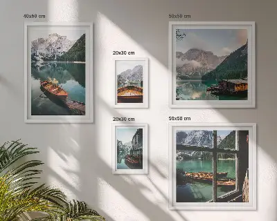 Framed landscape photo set featuring lakes, mountains, and boats
