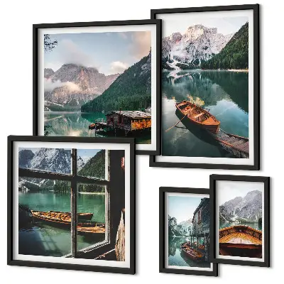 Framed landscape photo set featuring lakes, mountains, and boats