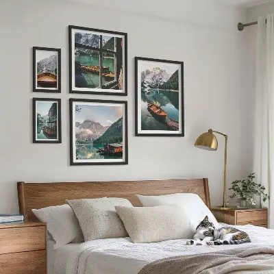 Framed landscape photo set featuring lakes, mountains, and boats