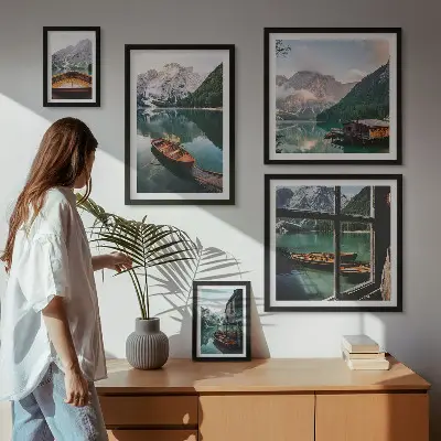 Framed landscape photo set featuring lakes, mountains, and boats