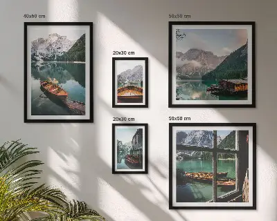 Framed landscape photo set featuring lakes, mountains, and boats