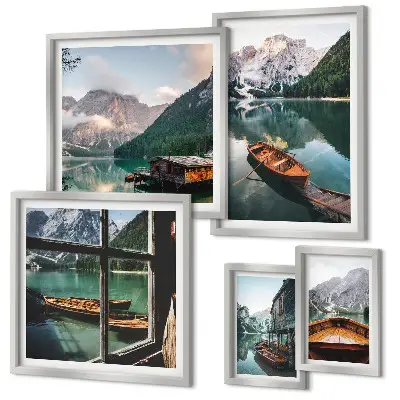 Framed landscape photo set featuring lakes, mountains, and boats