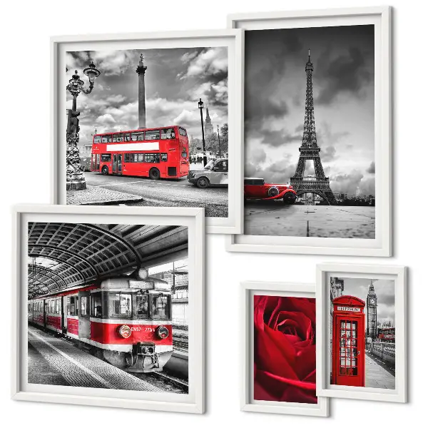 Set of 5 wall art pieces featuring architectural icons and vehicles