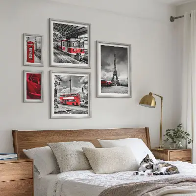 Set of 5 wall art pieces featuring architectural icons and vehicles