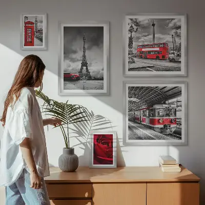 Set of 5 wall art pieces featuring architectural icons and vehicles