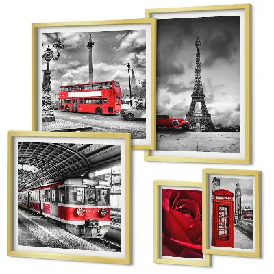 Set of 5 wall art pieces featuring architectural icons and vehicles