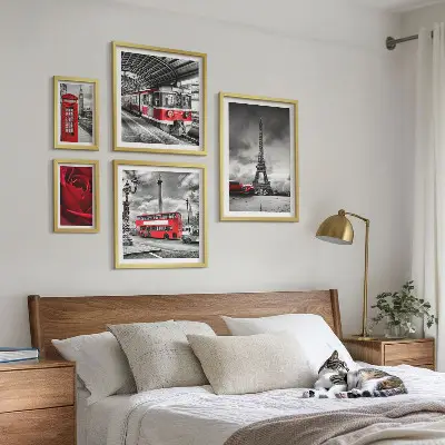 Set of 5 wall art pieces featuring architectural icons and vehicles