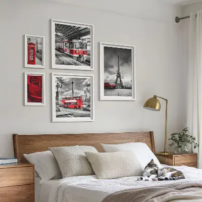 Set of 5 wall art pieces featuring architectural icons and vehicles