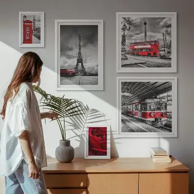 Set of 5 wall art pieces featuring architectural icons and vehicles