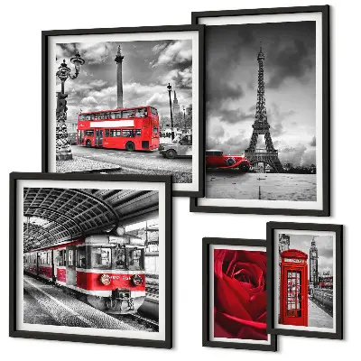 Set of 5 wall art pieces featuring architectural icons and vehicles