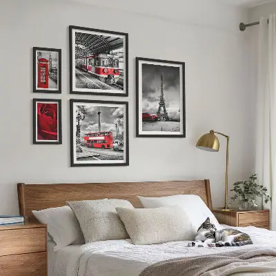 Set of 5 wall art pieces featuring architectural icons and vehicles