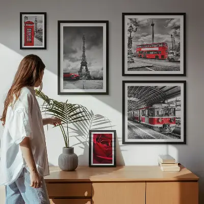 Set of 5 wall art pieces featuring architectural icons and vehicles