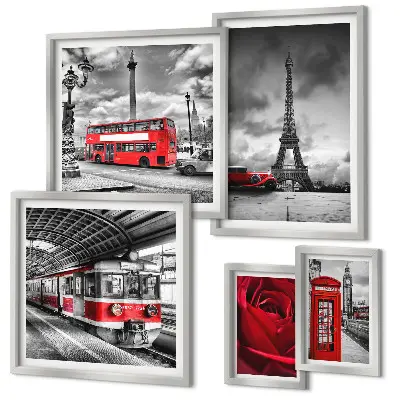 Set of 5 wall art pieces featuring architectural icons and vehicles