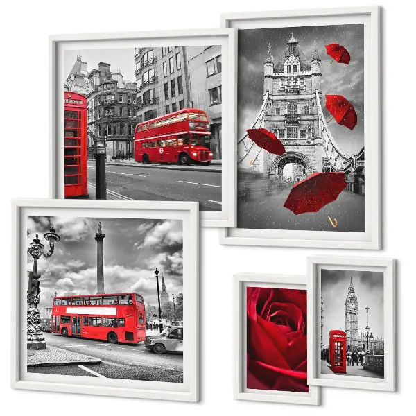 Set of 5 wall art pieces with London motifs and red accents