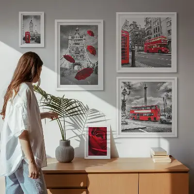 Set of 5 wall art pieces with London motifs and red accents