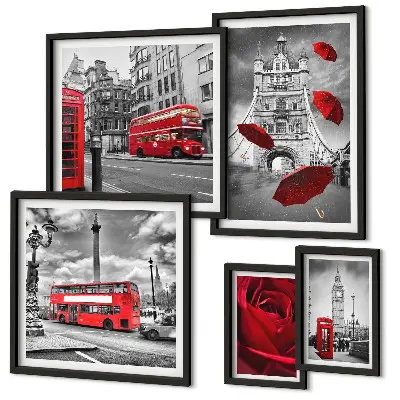 Set of 5 wall art pieces with London motifs and red accents