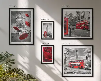 Set of 5 wall art pieces with London motifs and red accents