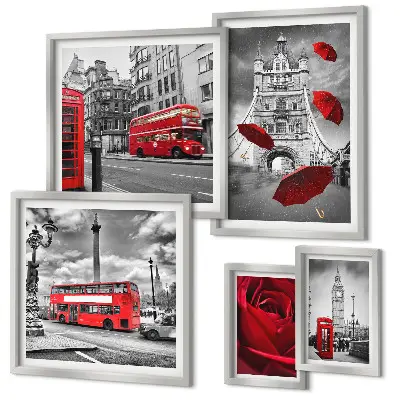 Set of 5 wall art pieces with London motifs and red accents