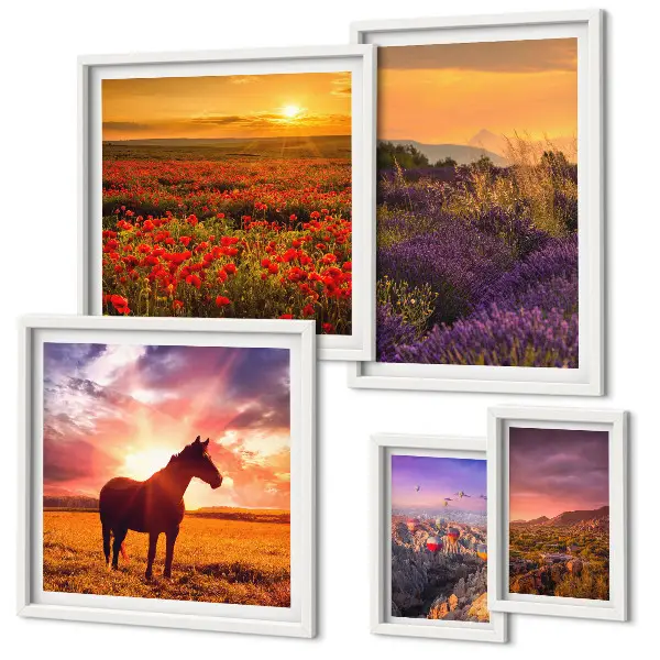 Gallery wall featuring landscape scenes of nature, horses, and flowers