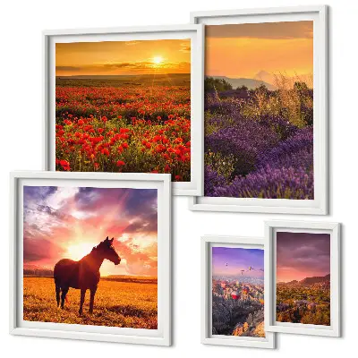 Gallery wall featuring landscape scenes of nature, horses, and flowers