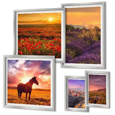 Gallery wall featuring landscape scenes of nature, horses, and flowers