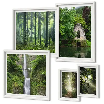Set of 5 wall art pieces featuring green forests and waterfalls