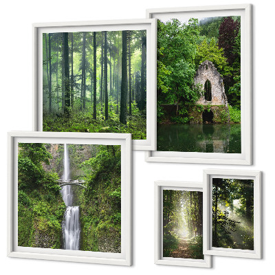 Set of 5 wall art pieces Green forests waterfalls nature