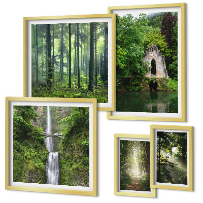Set of 5 wall art pieces Green forests waterfalls nature