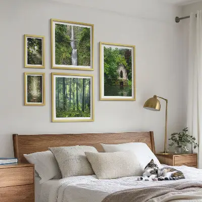 Set of 5 wall art pieces featuring green forests and waterfalls