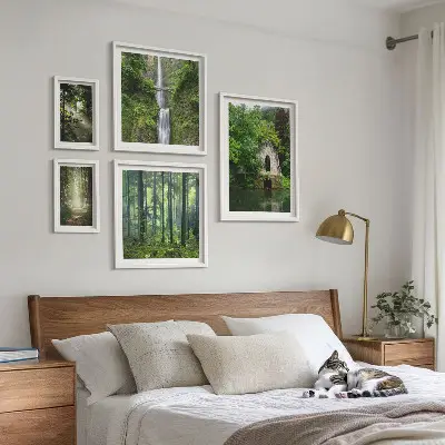 Set of 5 wall art pieces featuring green forests and waterfalls