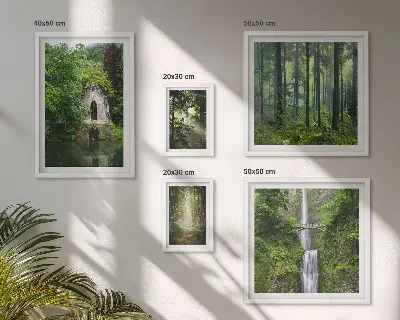 Set of 5 wall art pieces featuring green forests and waterfalls
