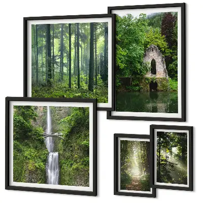 Set of 5 wall art pieces featuring green forests and waterfalls