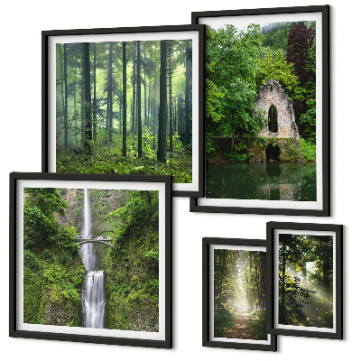 Set of 5 wall art pieces Green forests waterfalls nature