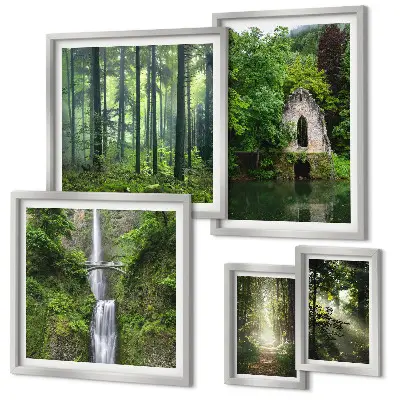 Set of 5 wall art pieces featuring green forests and waterfalls