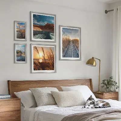 Framed photo set landscapes featuring water, vegetation, and trails