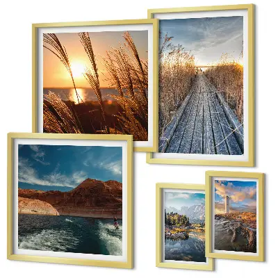 Framed photo set landscapes featuring water, vegetation, and trails
