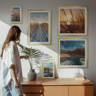 Framed photo set landscapes featuring water, vegetation, and trails