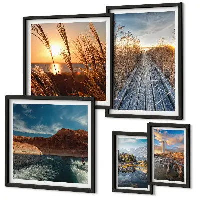 Framed photo set landscapes featuring water, vegetation, and trails