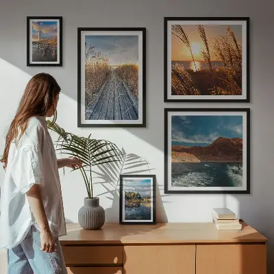 Framed photo set landscapes featuring water, vegetation, and trails