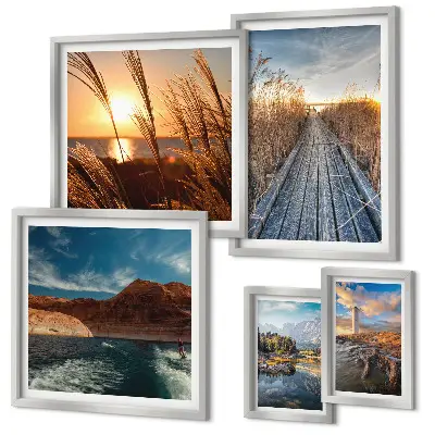 Framed photo set landscapes featuring water, vegetation, and trails