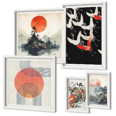 Gallery wall featuring traditional Japanese nature art
