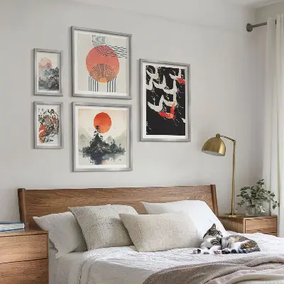 Gallery wall featuring traditional Japanese nature art