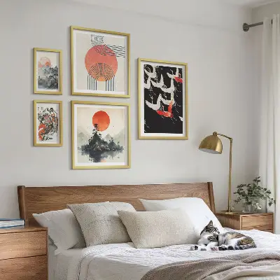 Gallery wall featuring traditional Japanese nature art
