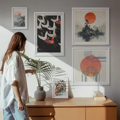 Gallery wall featuring traditional Japanese nature art