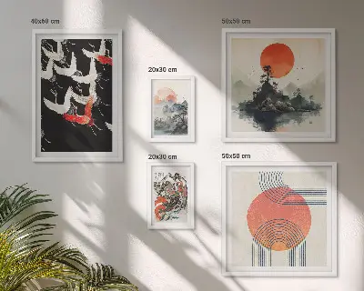 Gallery wall featuring traditional Japanese nature art