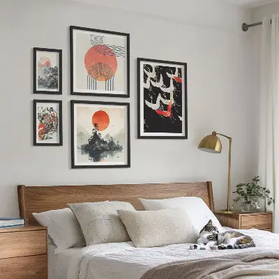 Gallery wall featuring traditional Japanese nature art