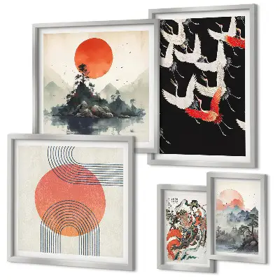 Gallery wall featuring traditional Japanese nature art